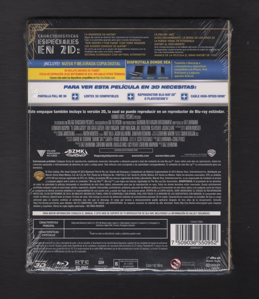 GREAT GATSBY BLURAY 3D W SPANISH LANGUAGE LENTICULAR SLIPCOVER SHIPS FREE - NEW - Image 4 of 4