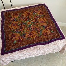 Scarf Large 43  Square Rayon Purple Gold Floral Teal Italy Made