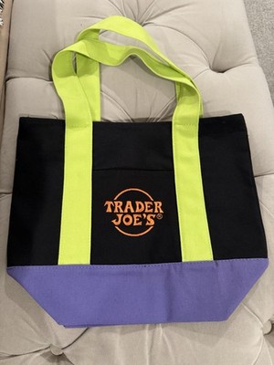 Trader Joe's Canvas Tote Bag Black/Purple/Yellow Foldable 13x6x10 in New