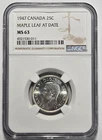 1947 CANADA MAPLE LEAF AT DATE 25 CENTS NGC MS 63 Certified Coin