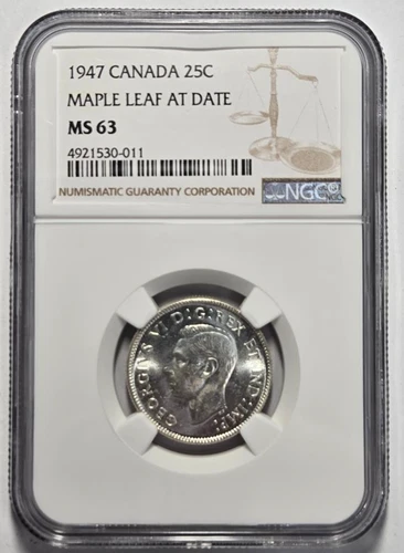 1947 CANADA MAPLE LEAF AT DATE 25 CENTS NGC MS 63 Certified Coin