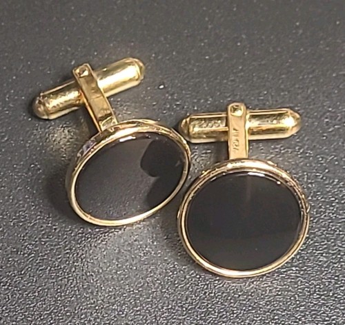 1/20 14K GF Cufflinks Set Round Black Onyx Smooth Edge Men Luxury Classy Bold