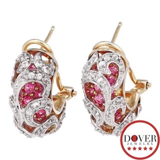 Estate White Pink Sapphire 14K Two Tone Gold Half Hoop Earrings 10.0 Grams NR