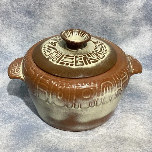 Frankoma 7W Round Covered Casserole Serving Dish 3 qt  Mayan Aztec Desert Gold