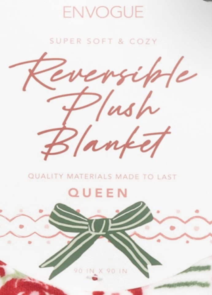 Envogue NEW QUEEN red rose, green bows & stripes Coquette Reverse Blanket 90x90 - Image 2 of 3