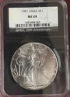 1987 SILVER EAGLE NGC MS69 HGC 25TH ANNIVERSARY HOLDER - BLACK HOLDER