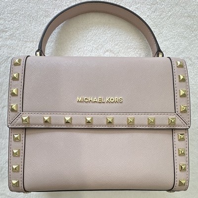 Michael Kors Beige Satchel Top Handle Magnetic Detachable Strap Studs Gold