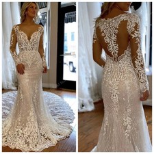 Sparkling Lace Mermaid Wedding Dress V-neck Long Sleeved Applique Bridal Gown