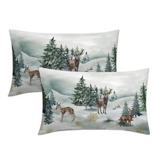 Christmas Lumbar Pillow Covers 12X20 Inch Set of 2 Watercolor Deer Trees