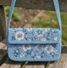 Vintage Style Handcrafted Blue Floral Beaded Shoulder Bag Boho Evening Purse
