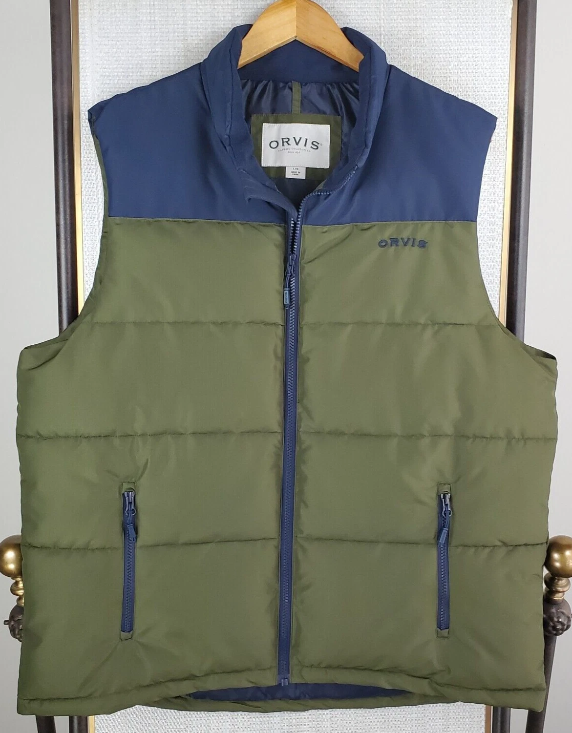 ORVIS Size XL Mens Insulated Vest Full Zip Green/Blue Ripstop Puffer Hunting