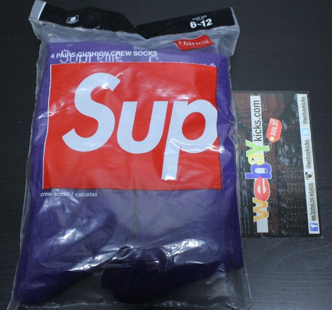 Supreme NYC Hanes Purple Box Logo 4 Pack Crew Socks Men's 99HAA26 Brand New