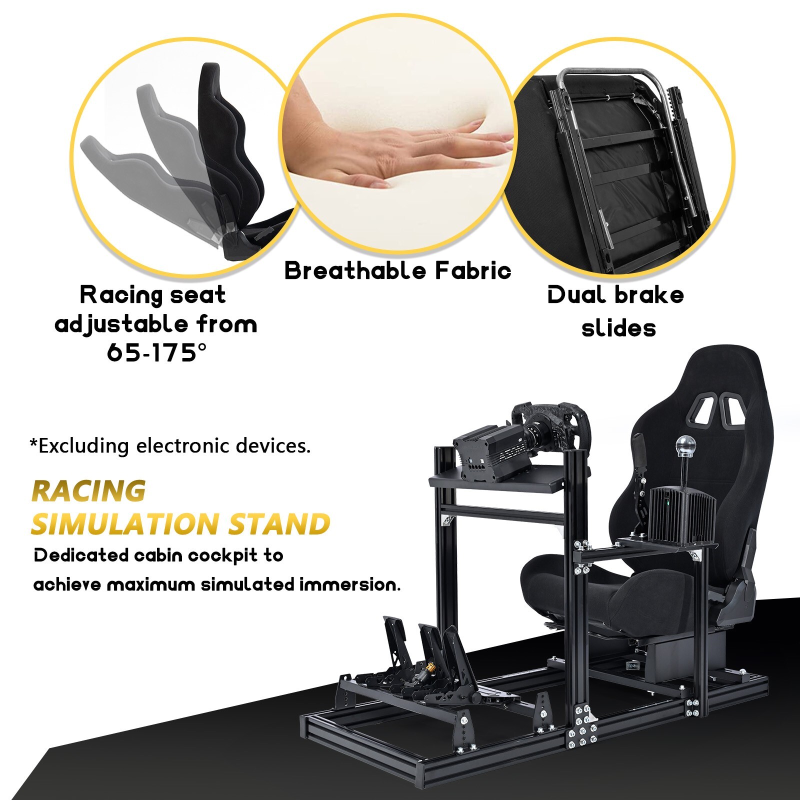 Marada Racing Sim Cockpit with Black Seat Aluminium Racing Stand for Logitech