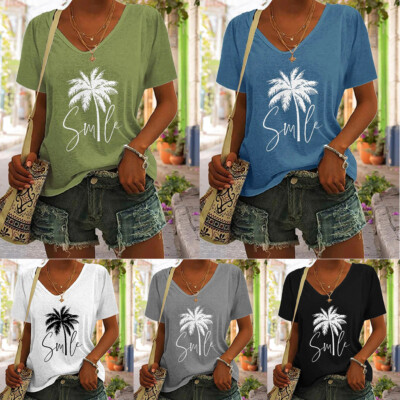 Tops Pullover Tunika Bluse Kurzarm V-Ausschnitt T-Shirt Sommer Bedruckte T- (
