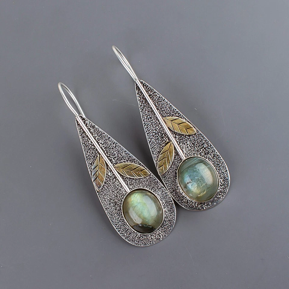 Pendientes colgantes/gotas de plata de ley 925 con piedras preciosas de labradorita natural para mujer Foto 3 de 4