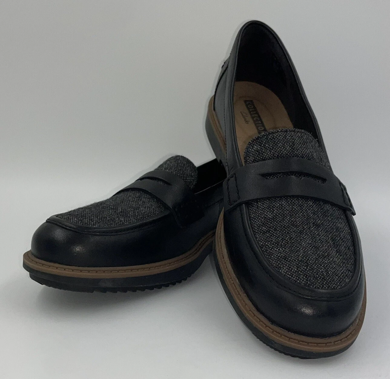 Mocassino Clarks Raisie Eletta Penny nero pelle pieno fiore tweed taglia 8 5