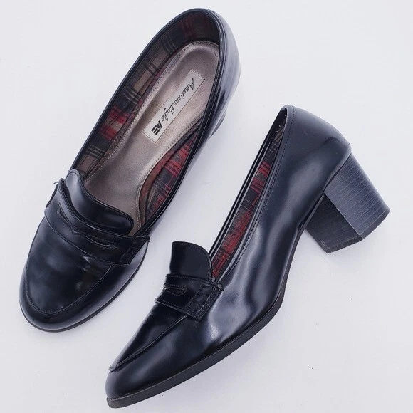 Vintage 90s Y2K American Eagle Chunky Block Heel Penny Loafer Shoe Black Size 10 - Image 2 of 4