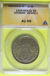 1925 - ANACS AU55 DENMARK KM-825.1 HCN,GJ 2 KRONER! #B37719