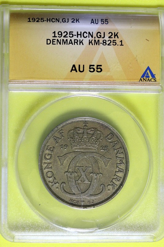 1925 - ANACS AU55 DENMARK KM-825.1 HCN,GJ 2 KRONER! #B37719