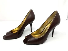 Cathy Jean Brazil High Heels Pump Peep Toe Gold Burgundy Brown Size 6 Womens