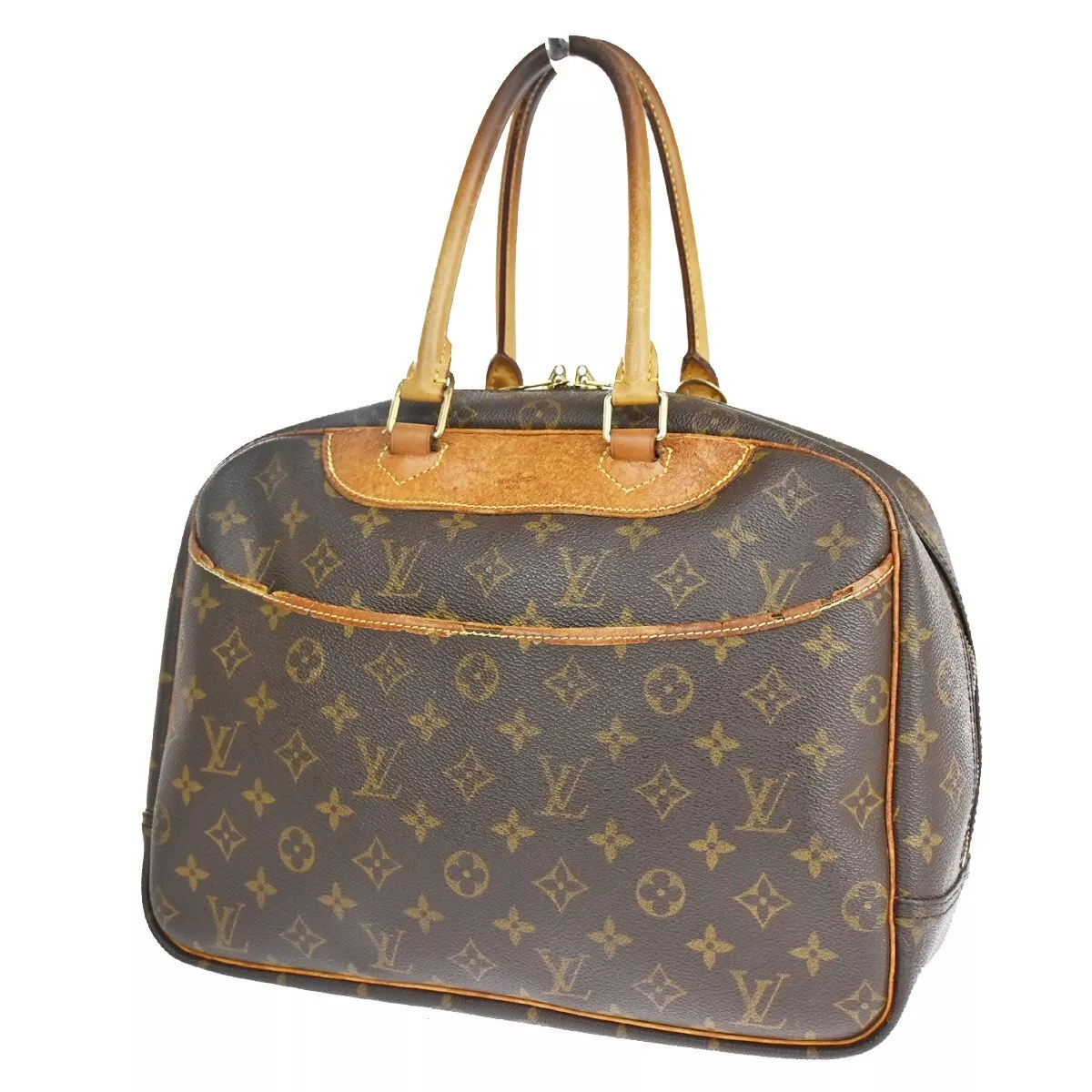 Louis Vuitton Logo Deauville Hand Bag Monogram Leather Brown Duffle Luggage  Tag