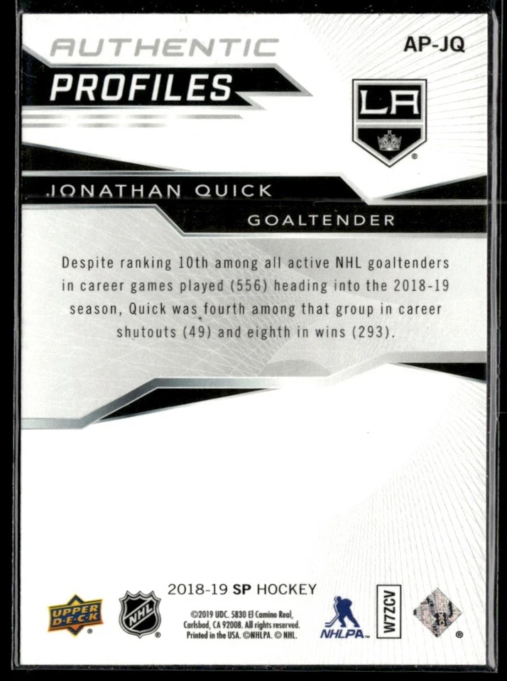 2018-19 SP Rookie Authentics - Blue Jonathan Quick #AP-JQ H3R3A - Image 2 of 2