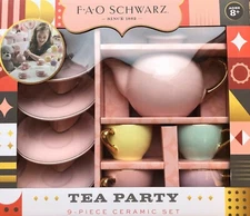 F.A.O Schwarz 9 Piece-3 Color Tea Party English Porcelain Set-Hand Painted Glaze