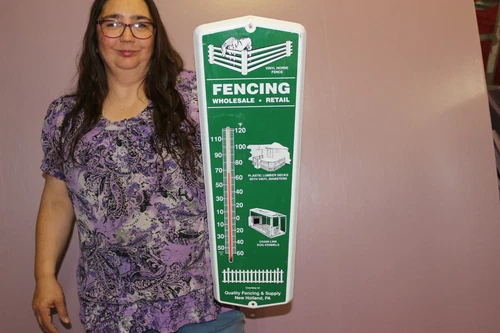 Vintage QUALITY FENCING Horse Ranch Farm 24" Metal Thermometer Gas Oil Sign NICE