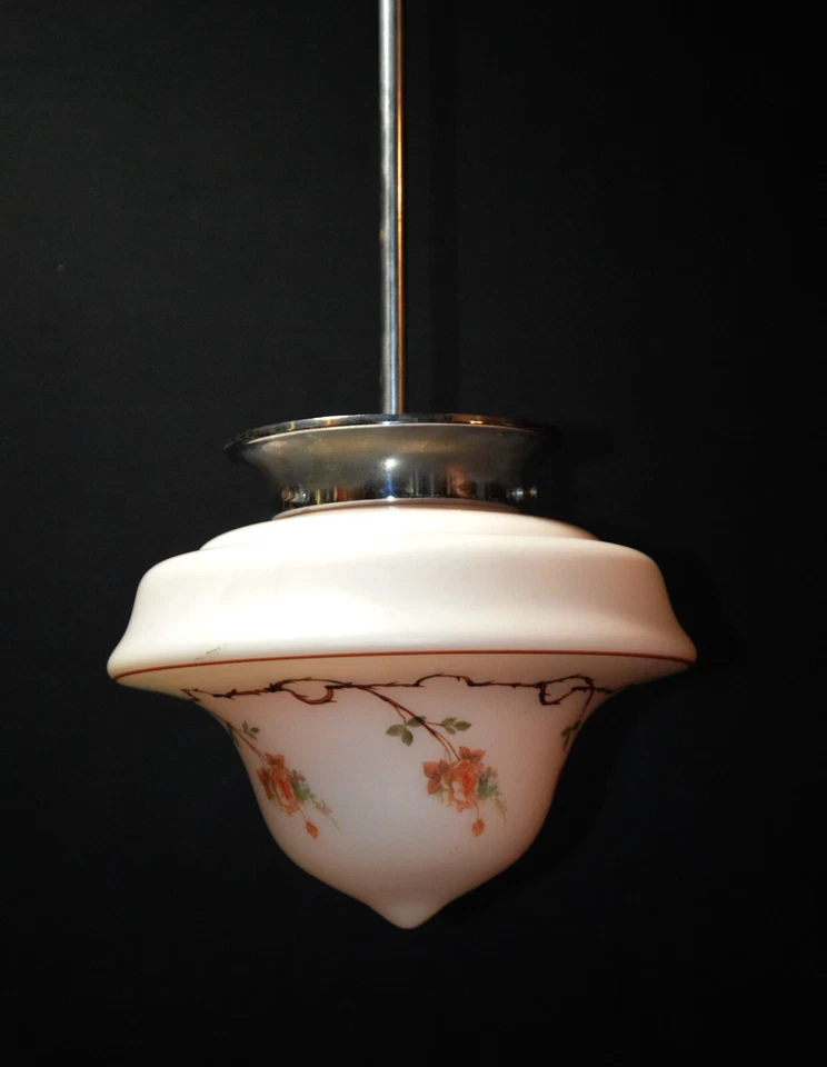 Lámpara colgante de techo de vidrio opalino pintada a mano art deco rara vintage años 40 C-1940 Foto 3 de 4