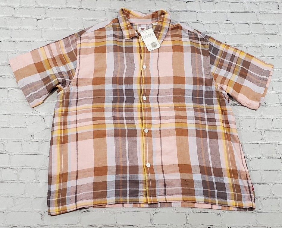 Levis Short Sleeve Slouchy Button Up Plaid Shirt Hemp Cotton MENS