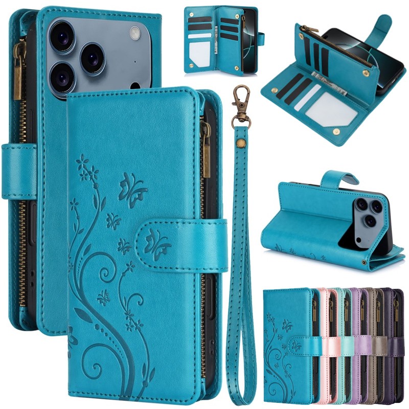 For iPhone 18 17 16 15 14 13 12 11 Pro Max XR Zip Wallet Case Leather Flip Cover