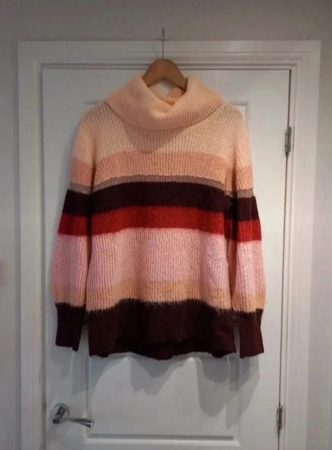 Monsoon Pink Burgundy Striped Fluffy Oversized Roll Neck Jumper M 14 Uk