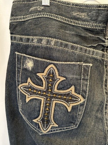 Archaic Jeans Mens 38x34.5 Blue Cross Embroidered Distressed Denim Pants Y2K VTG - Picture 12 of 15