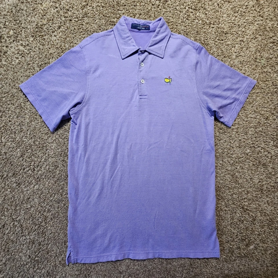 Polo de golf Clubhouse Collection Masters para hombre pequeño a rayas moradas hecho en Italia Foto 2 de 4