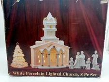 Galleria Inc White Porcelain Lighted Church Gold Accent  7 Pieces Christmas Set