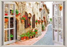Italy Houses Begonia Street Flower 3D Effect Window Sticker Vinyl Poster NEW