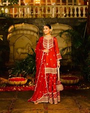 New Latest Red Faux Georgette Palazzo Suit With Dupatta For Festival Wear
