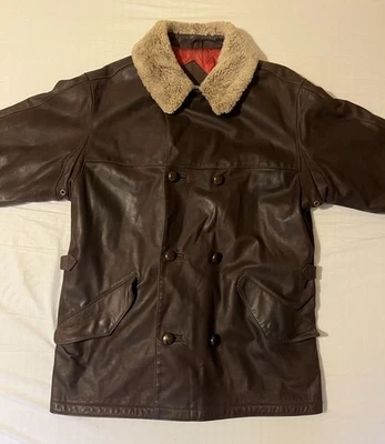 JIGSAW Blue Mens Brown Leather Coat (M) with Shering Fur Collar by Leathermaster - Image 1 of 4