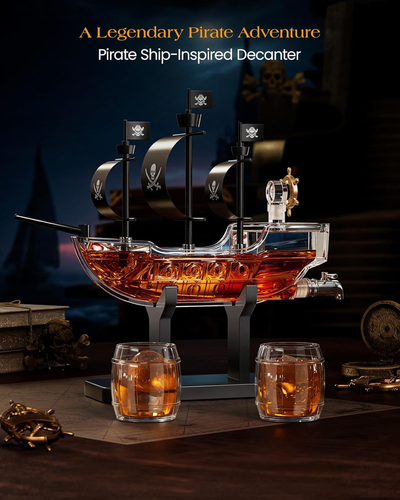 Regali di Compleanno per Uomo Papà, Nave Pirata Whisky Decanter Set con 2 Bicchieri, Liq - Foto 2 di 8