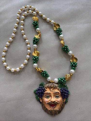 Vintage Mardi Gras Bacchus 2000 Beaded Necklace 38” Around Bacchus Pendant