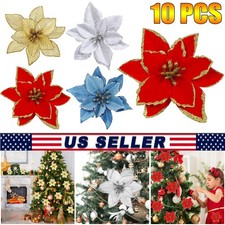 10x Christmas Glitter Poinsettia Flowers Artificial Flower Ornaments Fake Flower