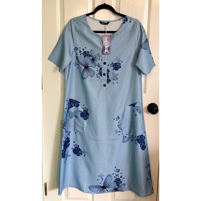NWT Hekka Long Sky Blue Dress Flowers Butterflies Short Sleeve - Size Small
