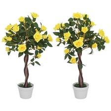 Image of Outsunny Set of 2 90cm Artificial Rose Tree, Fake Decorative Plant, Yellow