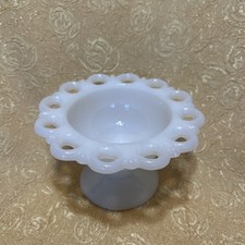 Vintage Anchor Hocking LACE EDGE Milk Glass Compote Pedestal Dish 5
