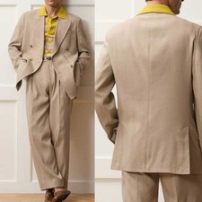 New Summer Men's Double Breasted Suits Classic Fit Jacket Pleated Front Pants