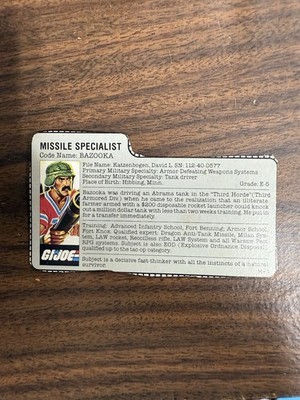 GI Joe BAZOOKA Missile Specialist Bio File Card ONLY Vintage Original FC1