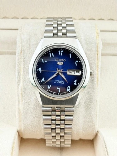 Seiko 5 Automatic Wrist Watch Vintage Movement Blue Arabic Dial Men's Watch