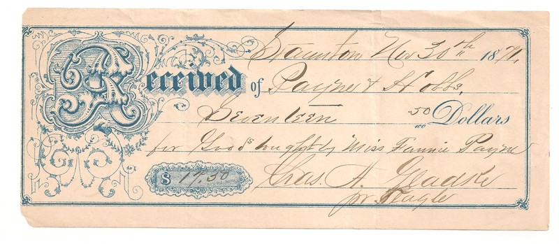 #A1550 Receipt 1871 Staunton, VIRGINIA Charles W. Gladke Payne & Hobbs pr Teagle