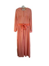 Vintage 70s Coquette Sheer Nylon Negligee Gown Pink Satin Bow Small USA