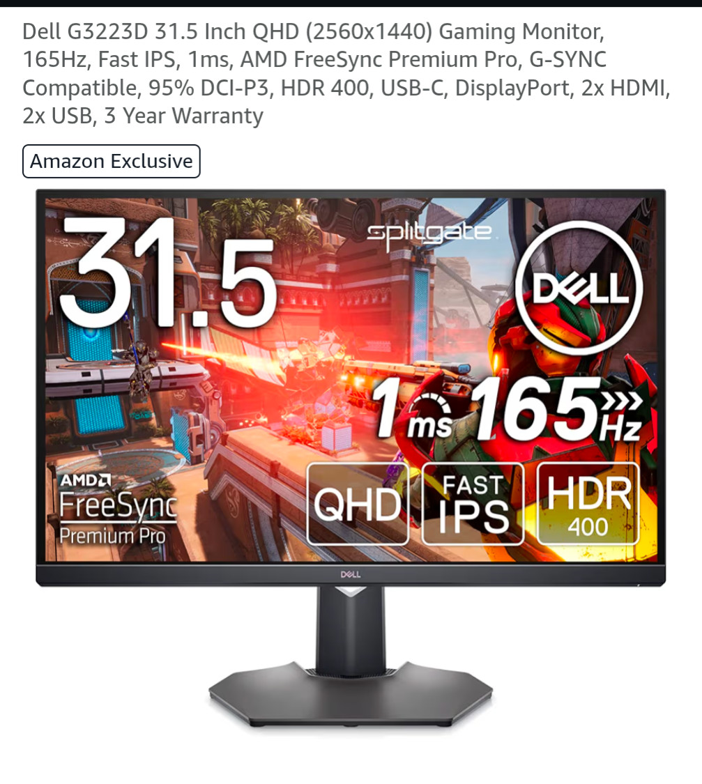 Computer monitor: Dell USB-C Gaming, 32 inch. G3223D